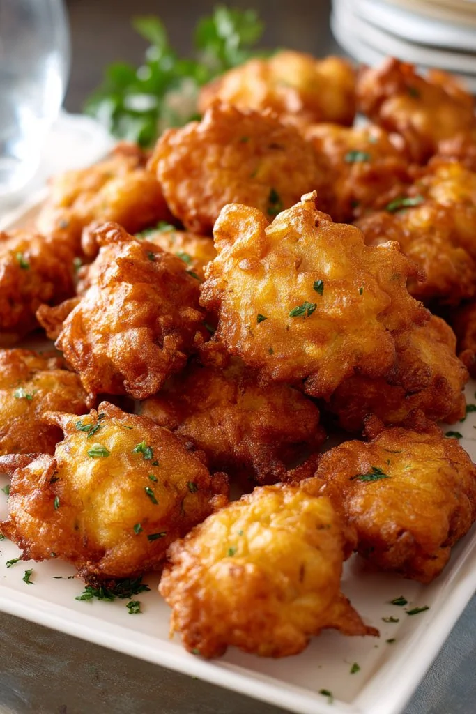 Crispy Amish onion fritters served with a dipping sauce