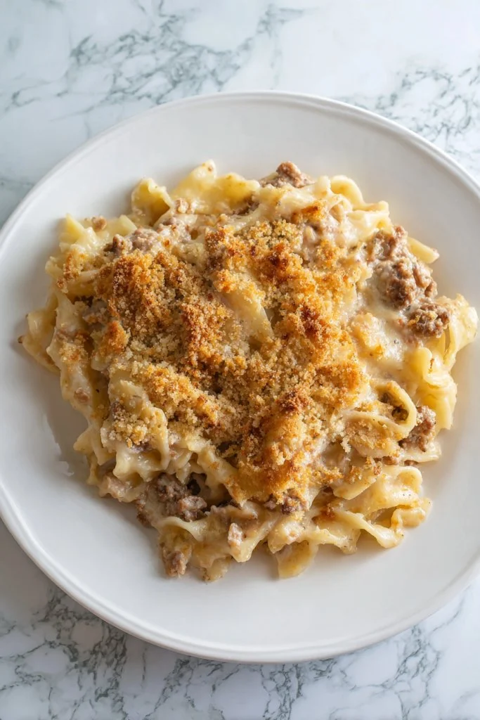 Amish Yumasetti Casserole with baked noodles and vegetables
