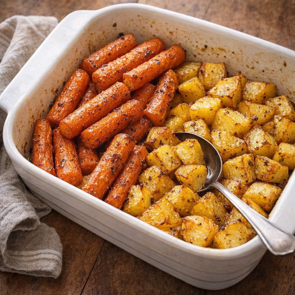 Four-ingredient root vegetable bake ready to serve in a rustic dish.