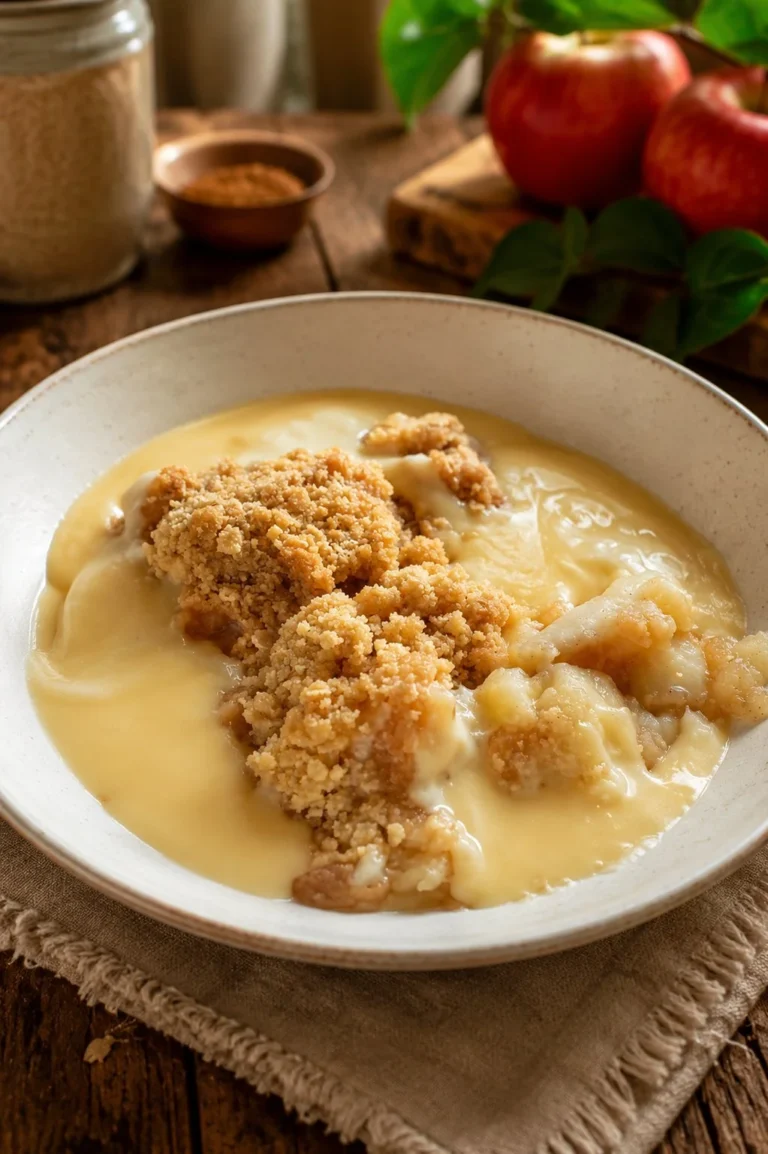 Delicious apple crumble served with creamy custard on a plate