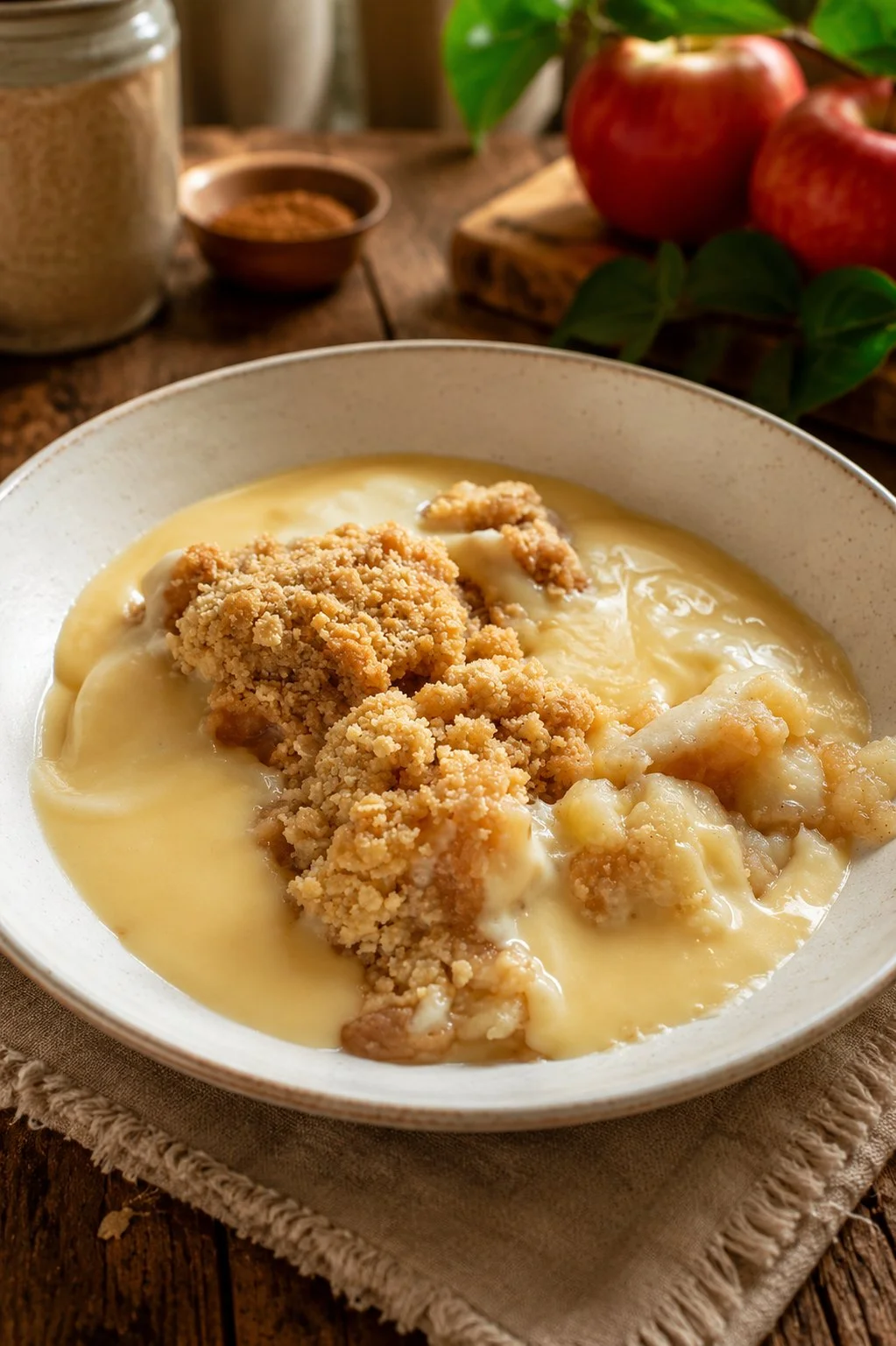 Delicious apple crumble served with creamy custard on a plate