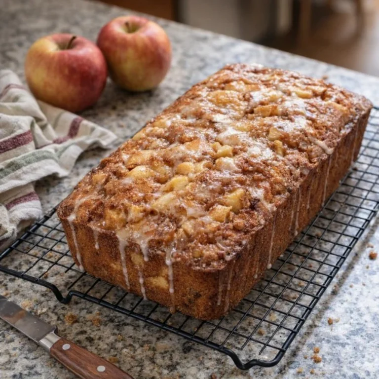 Freshly baked Apple Fritter Bread with chunks of apple and cinnamon topping.