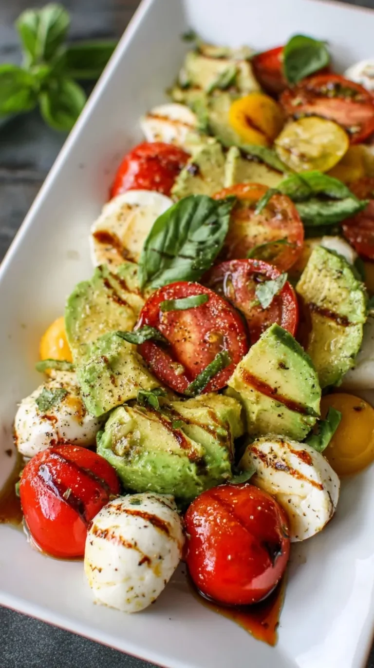 A platter of sliced tomatoes, avocados, and fresh mozzarella drizzled with balsamic glaze and topped with basil.