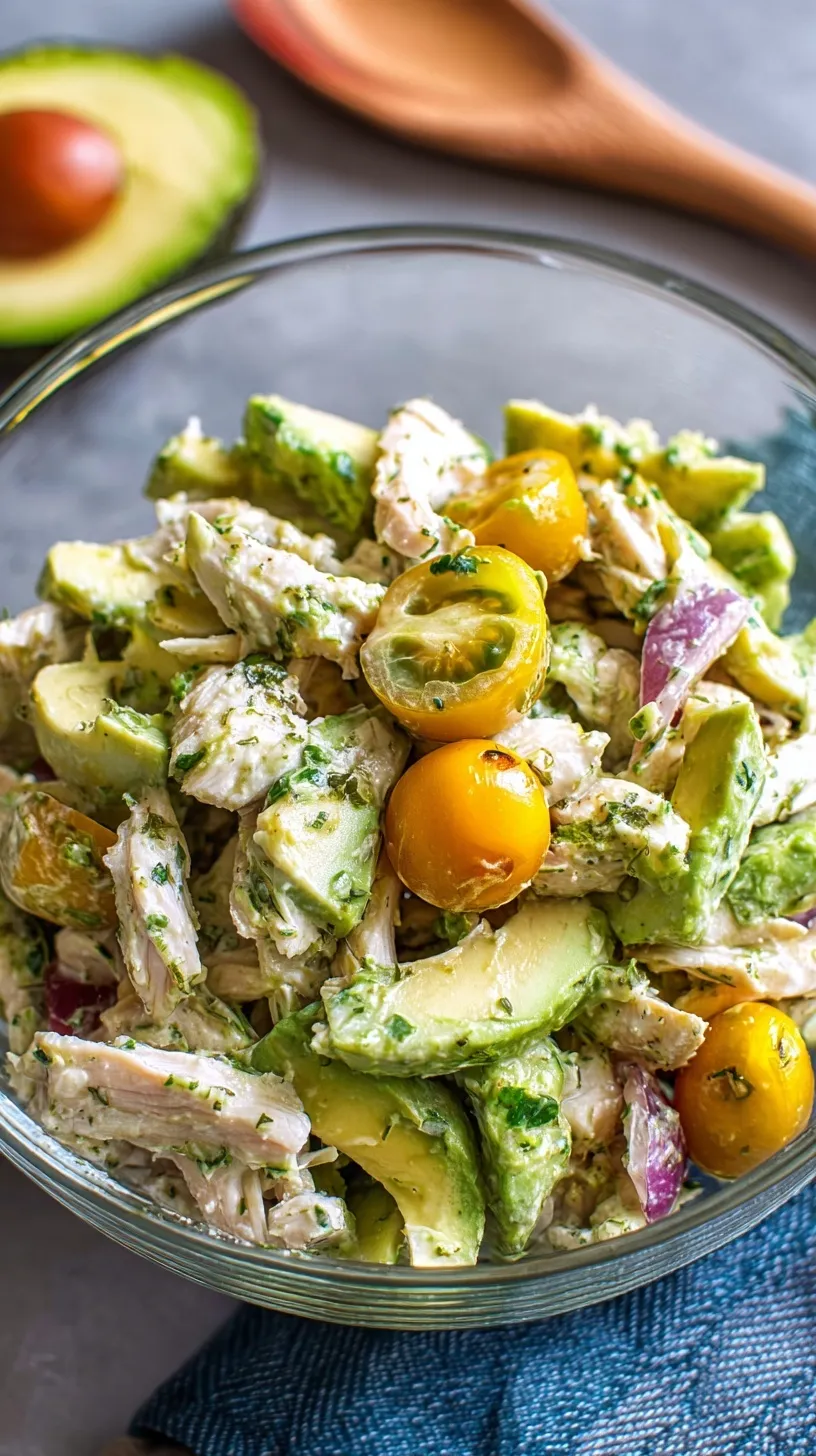 A bowl of creamy avocado chicken salad with red onions and fresh cilantro.