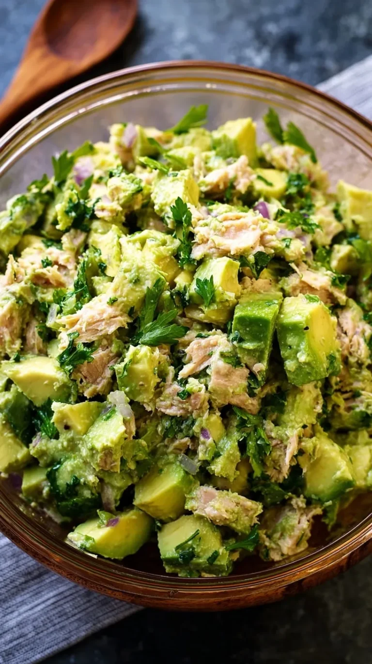 A bowl of creamy avocado tuna salad with red onions and cilantro