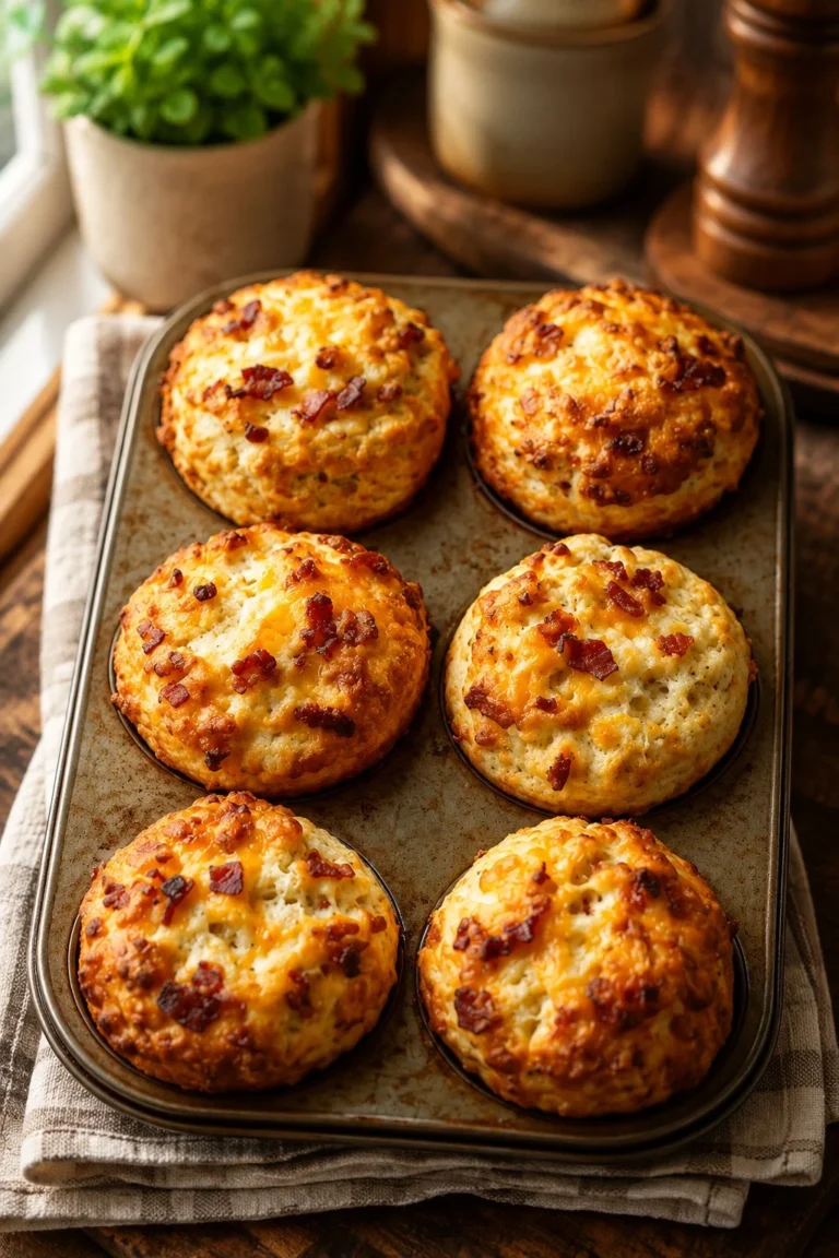 Delicious homemade bacon and cheese biscuits on a rustic wooden table