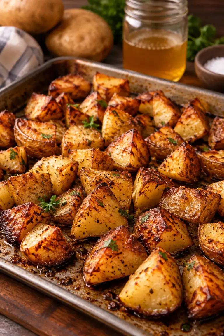 crispy bacon grease roasted potatoes on a sheet pan