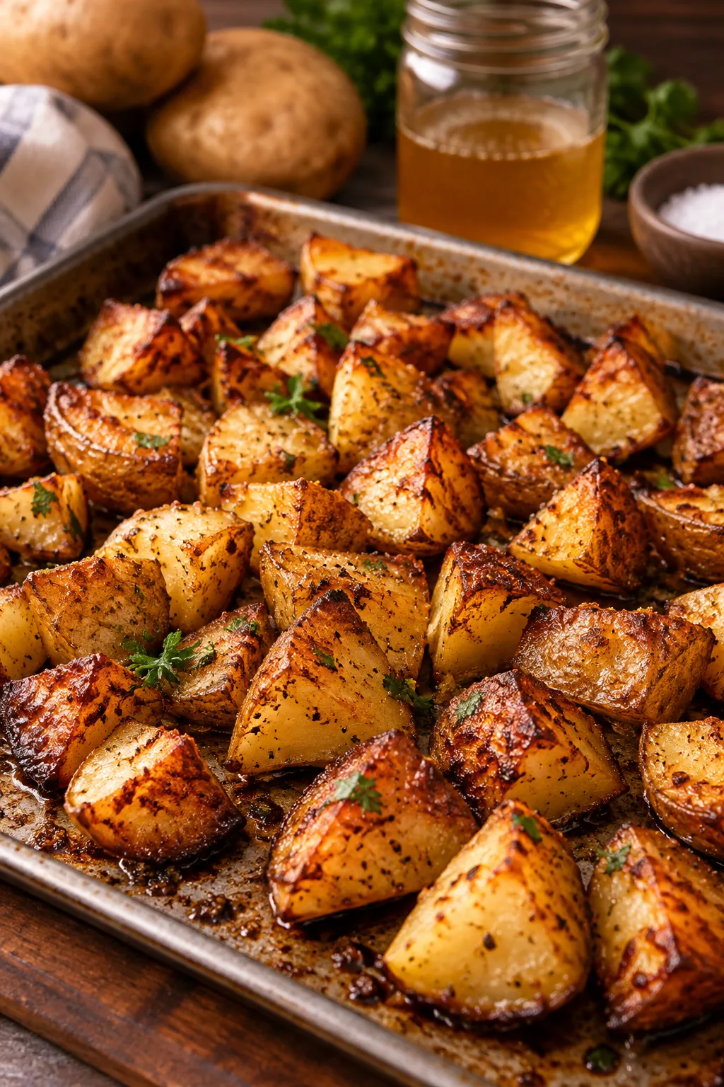 crispy bacon grease roasted potatoes on a sheet pan