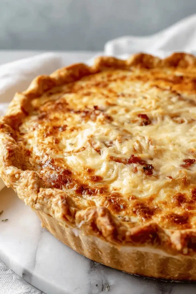 Bacon Onion Tomato Pie topped with crispy bacon and fresh tomatoes