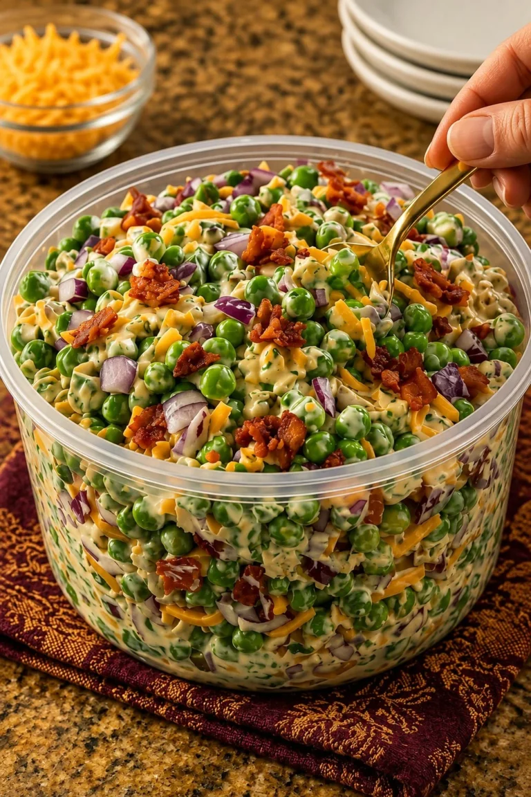 Bacon Pea Salad with crispy bacon and fresh peas in a bowl