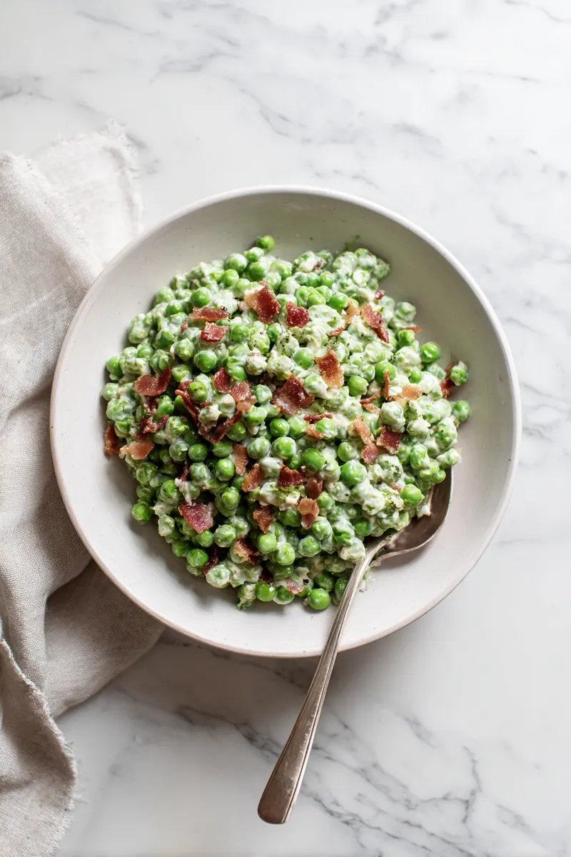Creamy pea salad with crispy bacon in a white bowl with a serving spoon