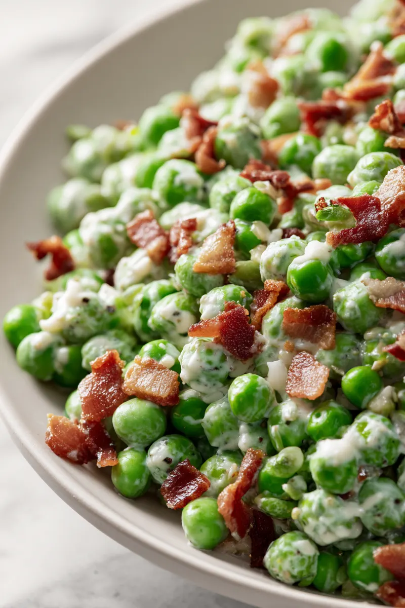 Close-up of creamy green peas and crisp bacon in pea salad