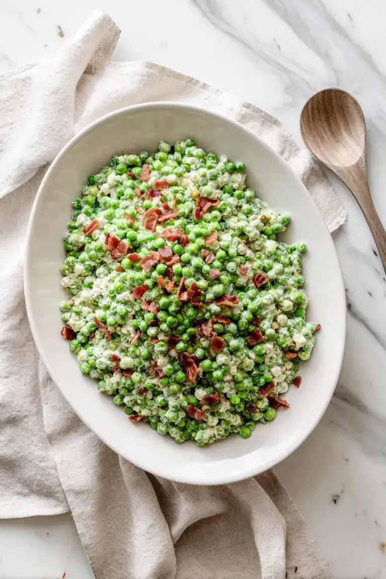 Creamy bacon pea salad in a white serving bowl on a linen cloth