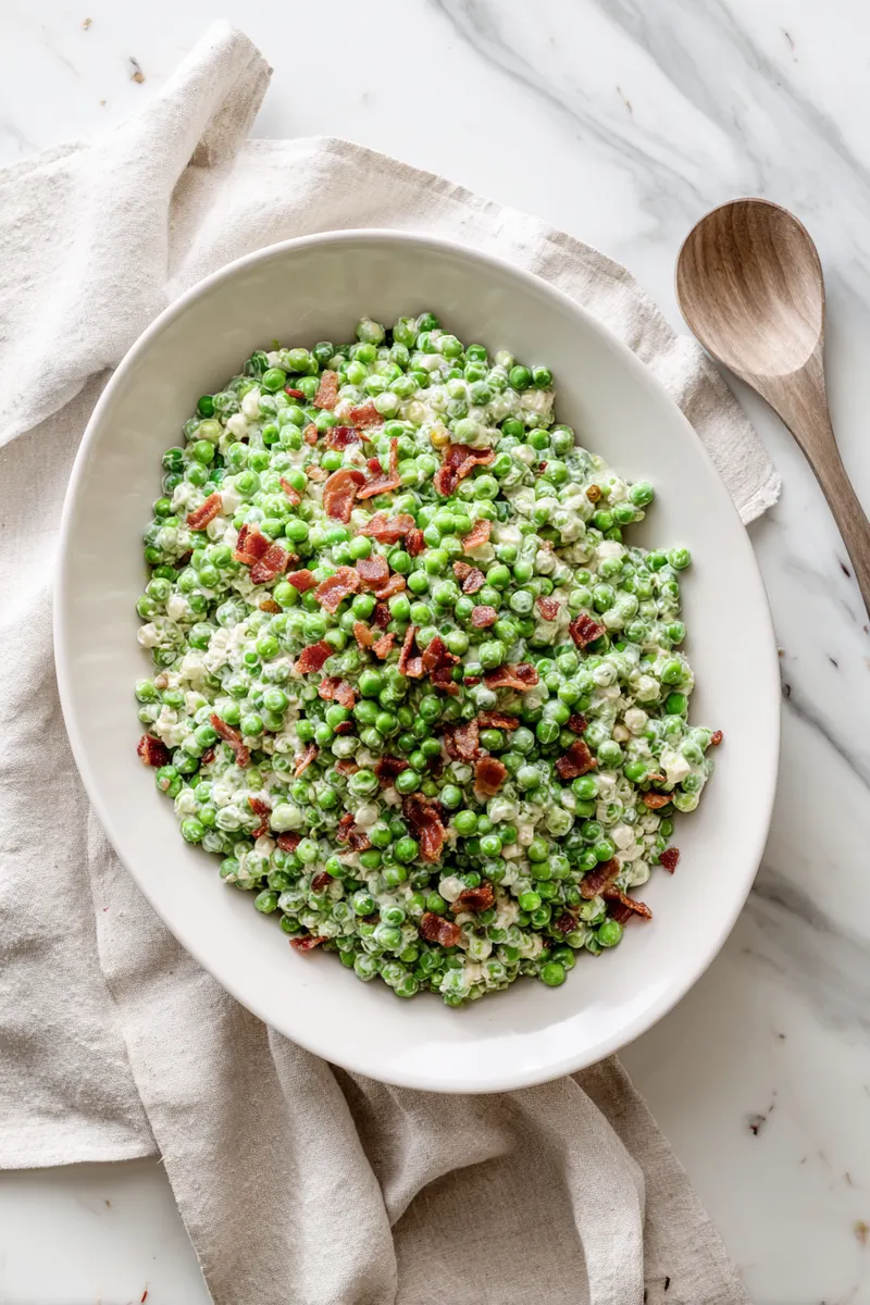 Creamy bacon pea salad in a white serving bowl on a linen cloth
