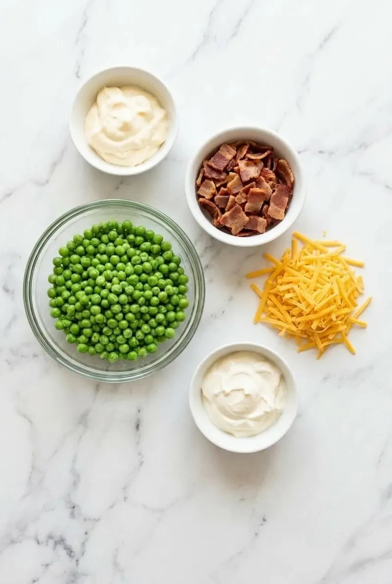 Peas, bacon, cheddar, mayonnaise, and sour cream arranged for bacon pea salad