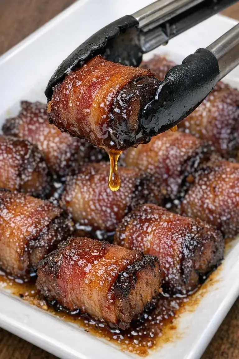 Slow cooker brown sugar bacon pork belly bites on a platter