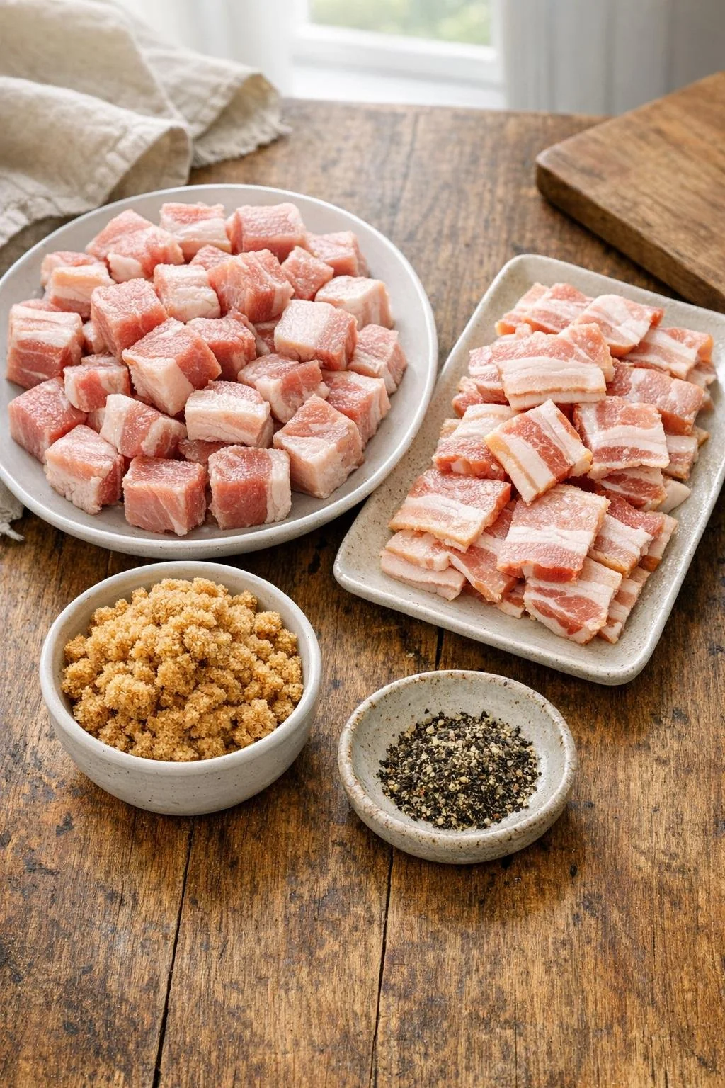 Pork belly cubes, bacon, brown sugar and black pepper