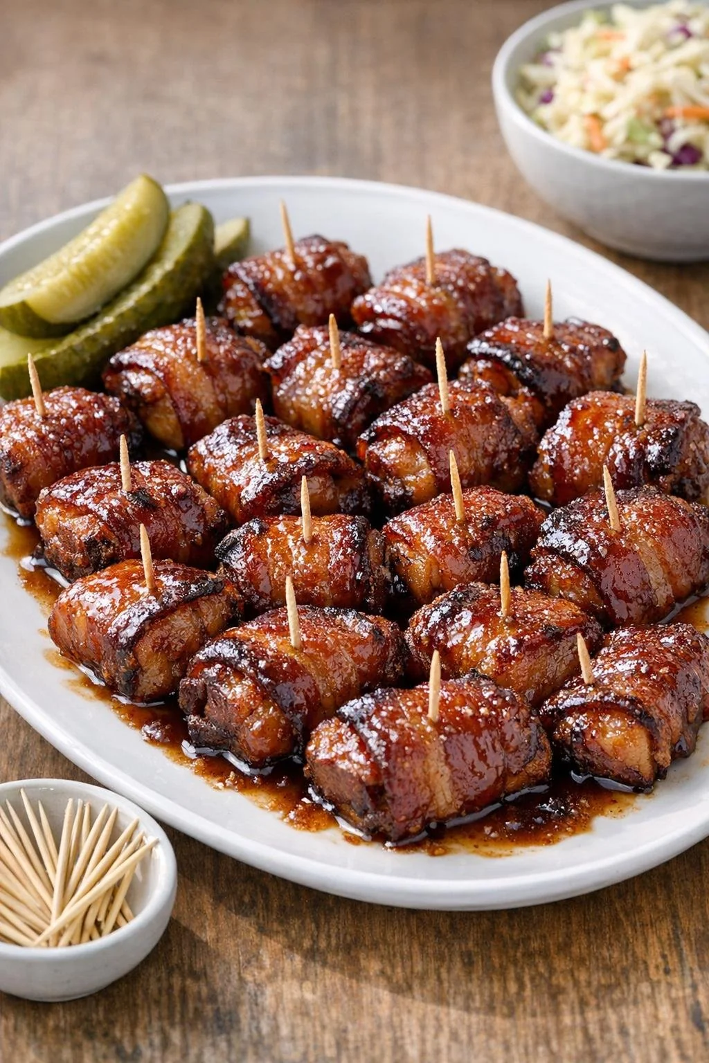 Finished brown sugar bacon pork belly bites with toothpicks
