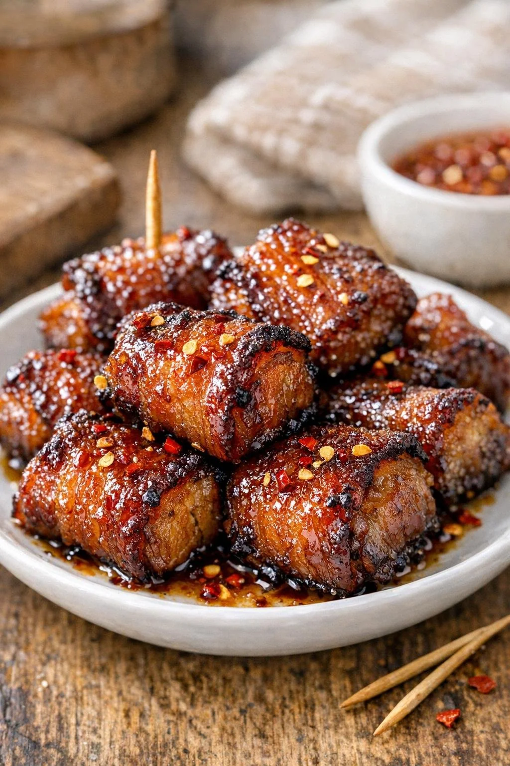 Spicy bacon pork belly bites finished with red pepper flakes