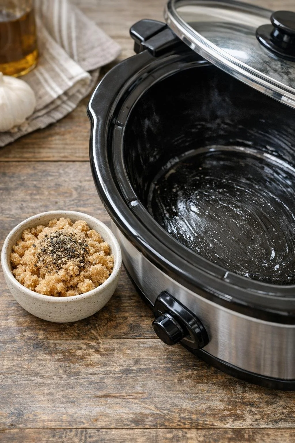 Brown sugar and pepper mixed beside a prepared slow cooker