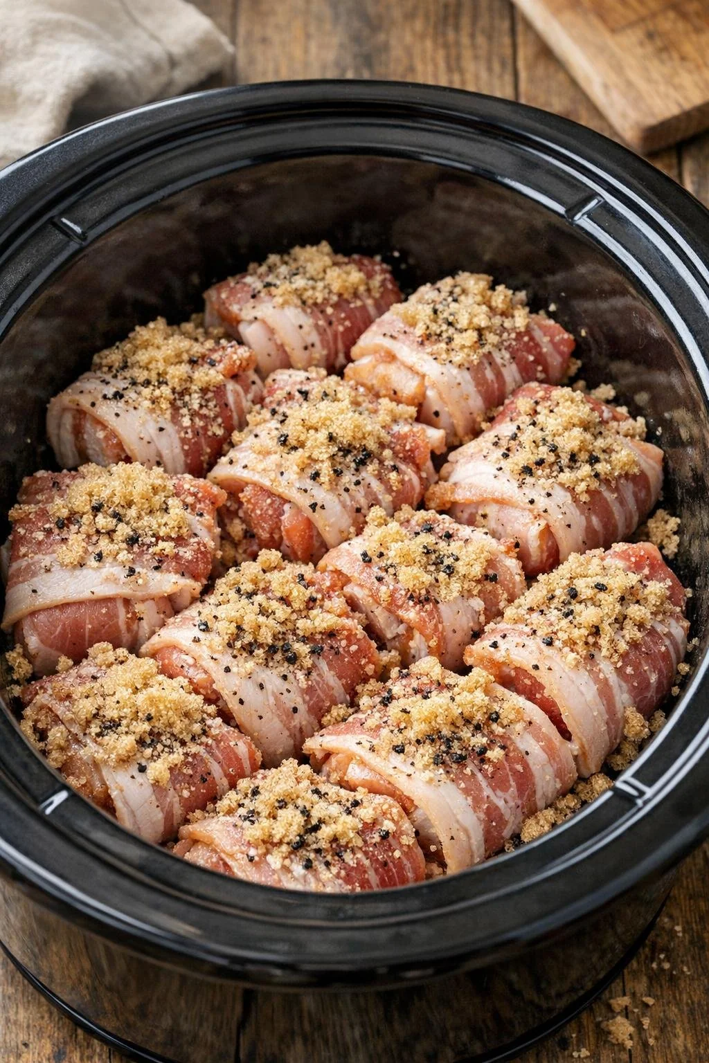 Bacon-wrapped pork belly topped with brown sugar