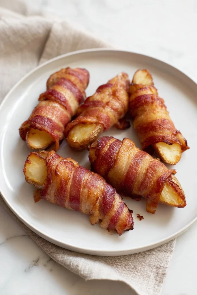 Bacon wrapped potato wedges garnished and ready to serve
