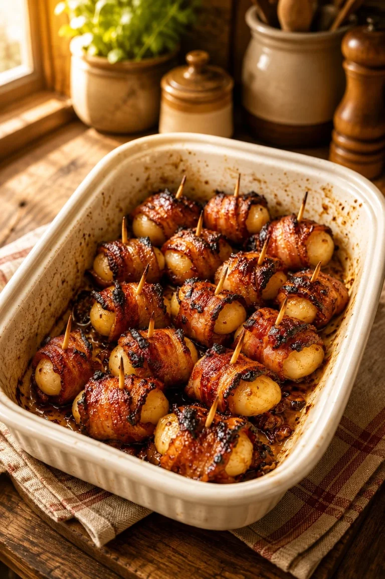Delicious bacon wrapped water chestnuts appetizer on a platter
