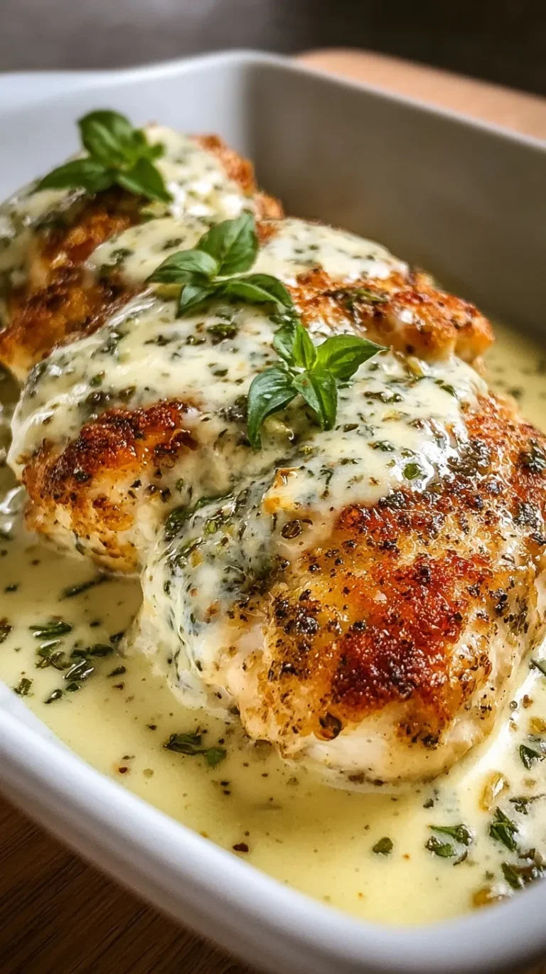 Golden brown baked caesar chicken topped with parmesan and parsley in a white baking dish