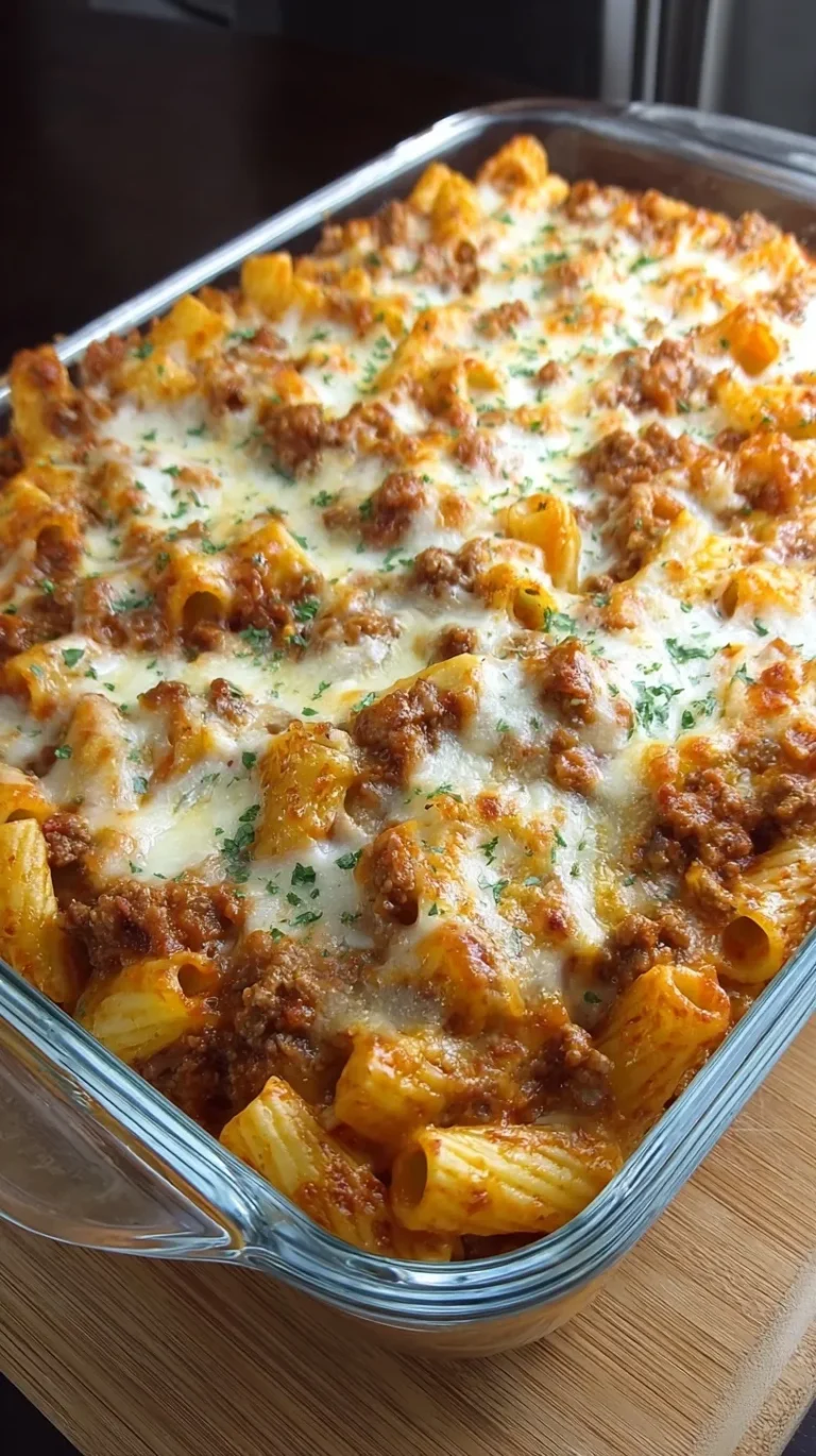 A 9x13 baking dish filled with Baked Cheesy Beef Rigatoni topped with melted mozzarella and fresh parsley.