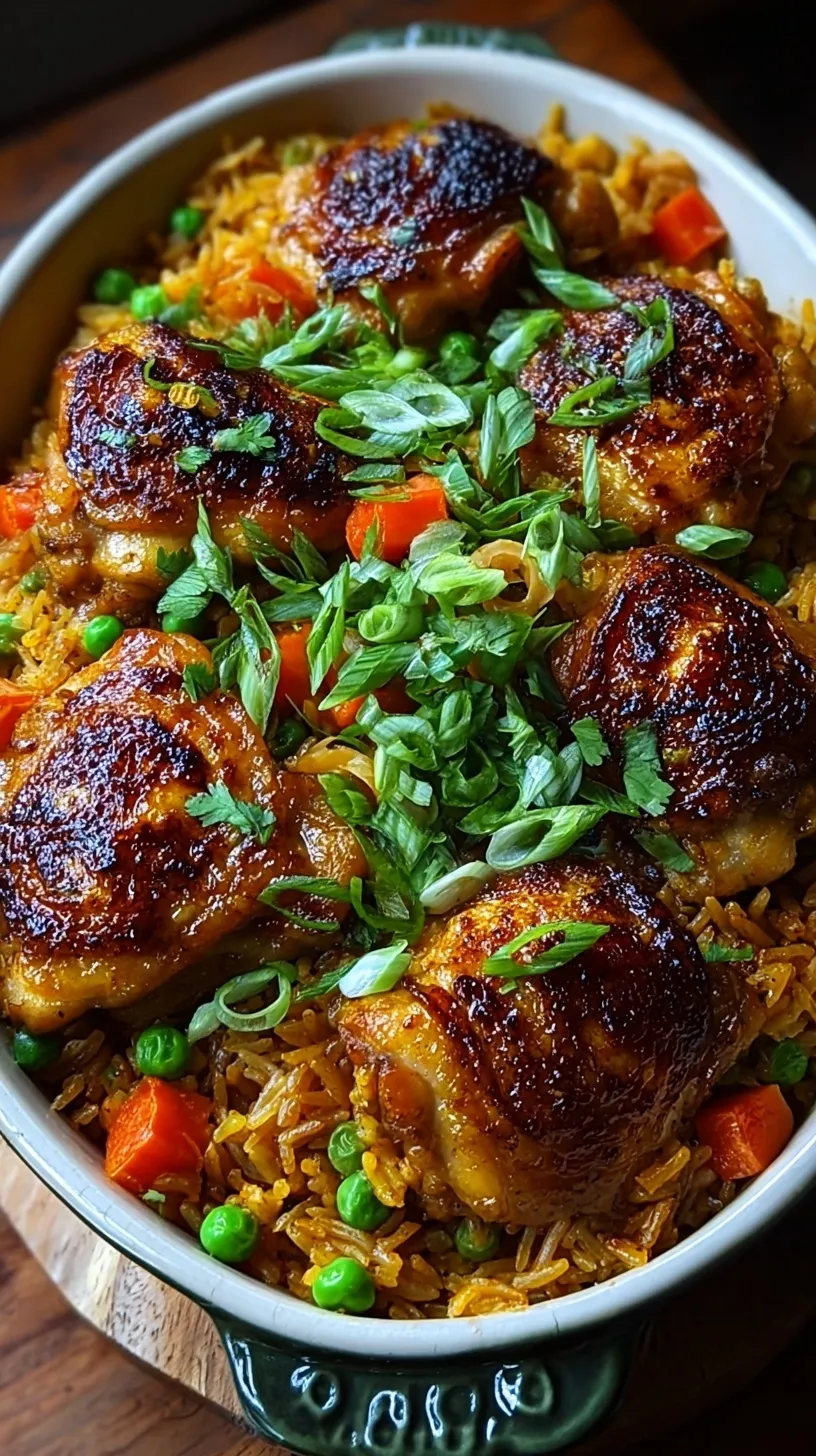Golden brown baked chicken thighs resting on a bed of yellow spiced vegetable rice in a skillet.