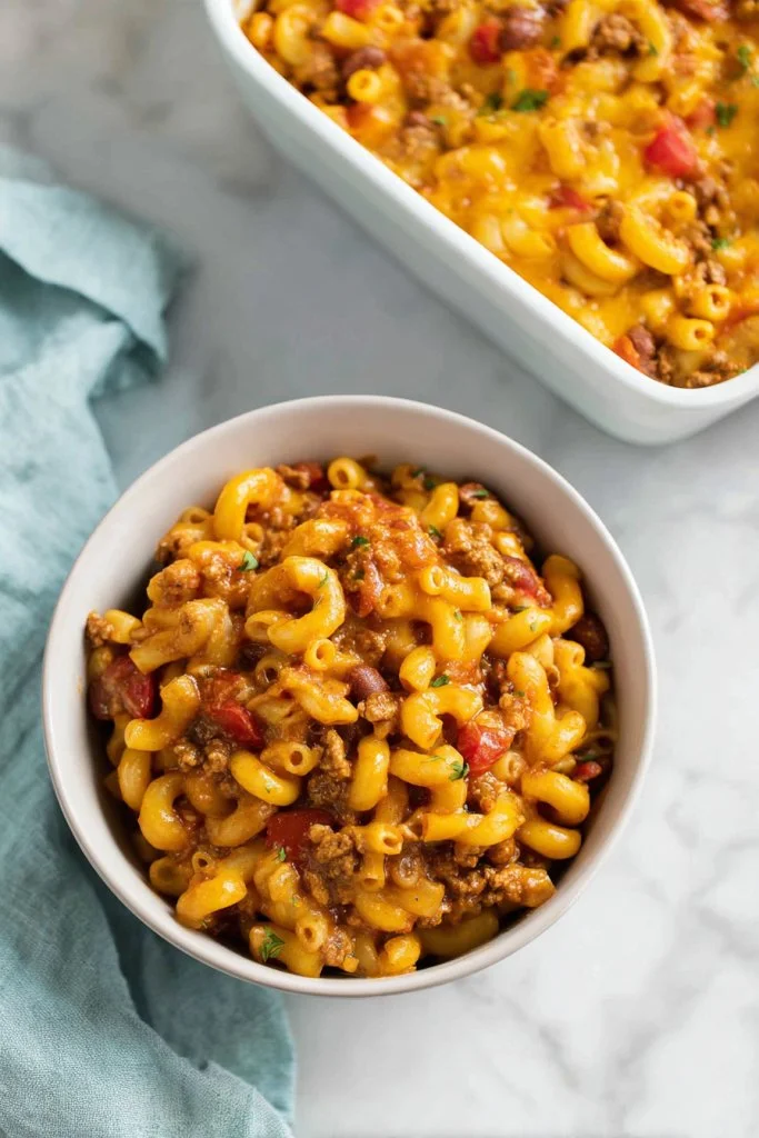 Baked Chili Mac Casserole served in a dish with cheese and herbs