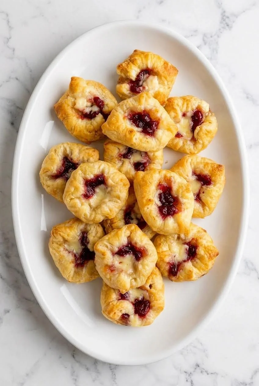 Delicious Baked Cranberry Brie Bites topped with cranberry sauce