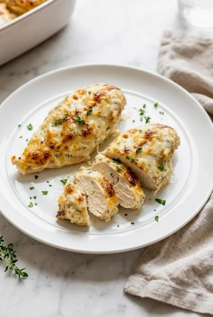 Baked Cream Cheese Chicken served with herbs and spices on a white plate