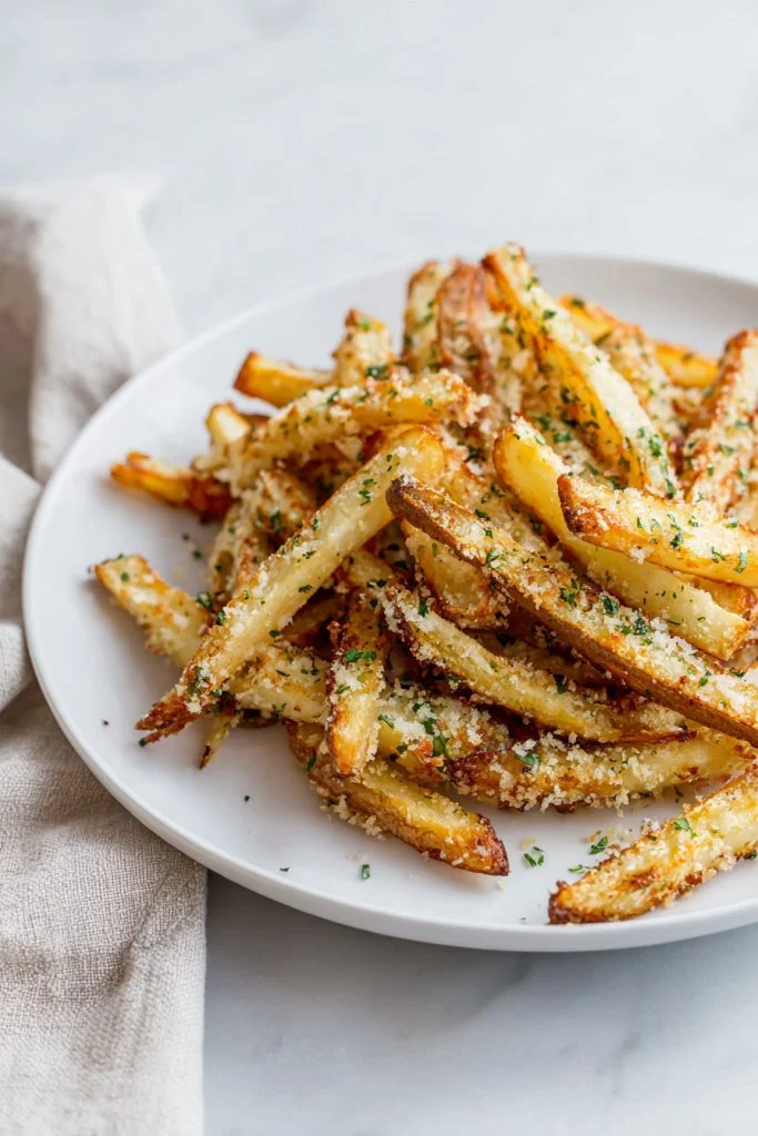 Plate of baked garlic parmesan fries topped with herbs and cheese