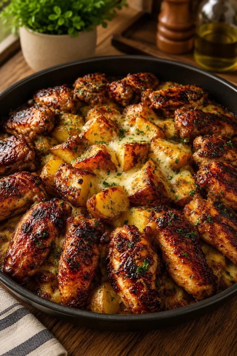 Baked Honey Garlic Chicken served with crispy potatoes on a plate