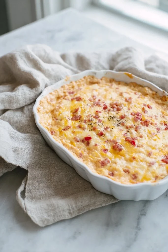 Baked Pimento Cheese Dip served in a bowl with crackers.