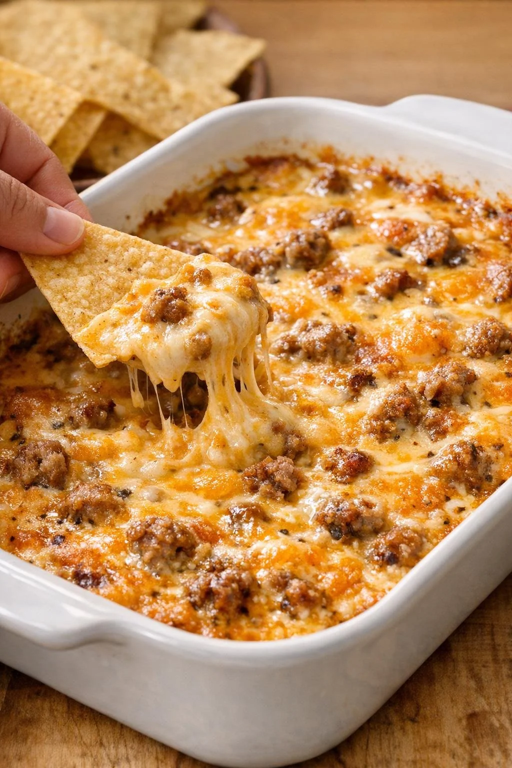 Hot baked sausage queso bubbling in the casserole dish