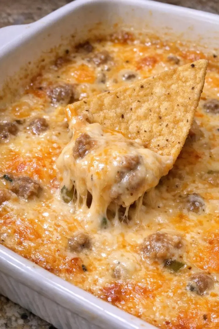 Hot baked sausage queso dip in a casserole dish