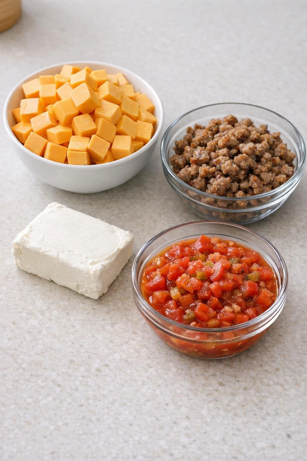 Four ingredients for sausage queso dip arranged on a kitchen counter
