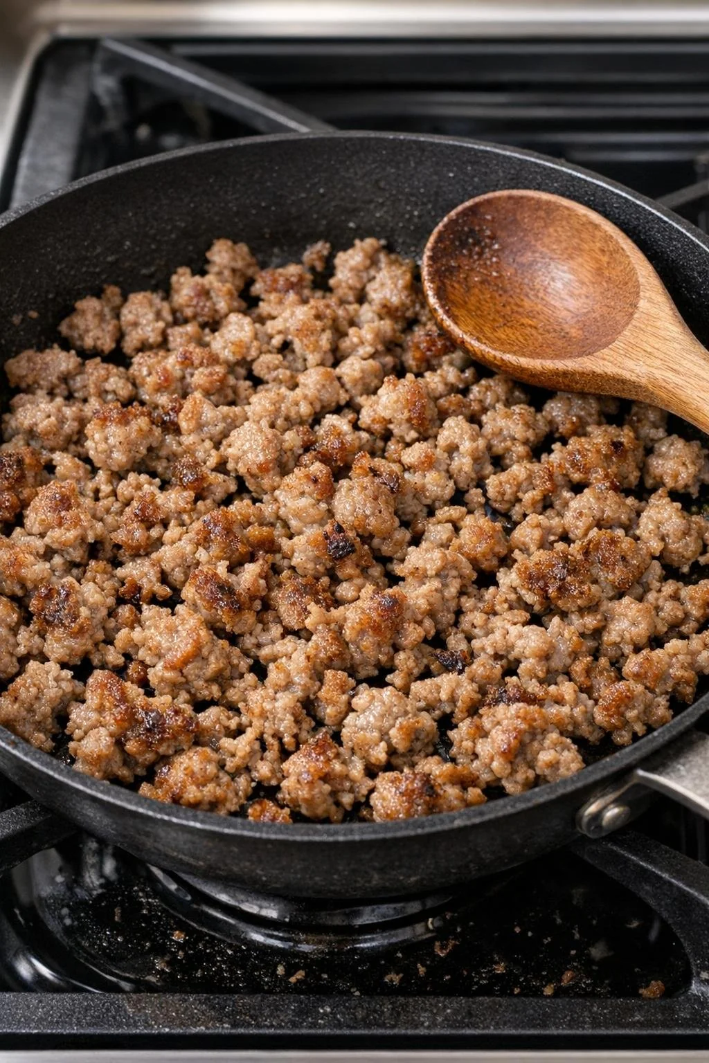Fully cooked crumbled breakfast sausage in a skillet