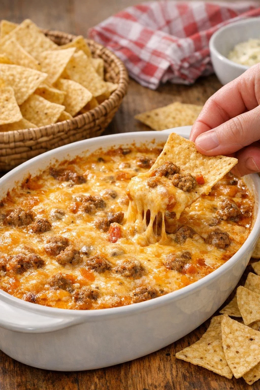 Warm sausage queso dip served with tortilla chips