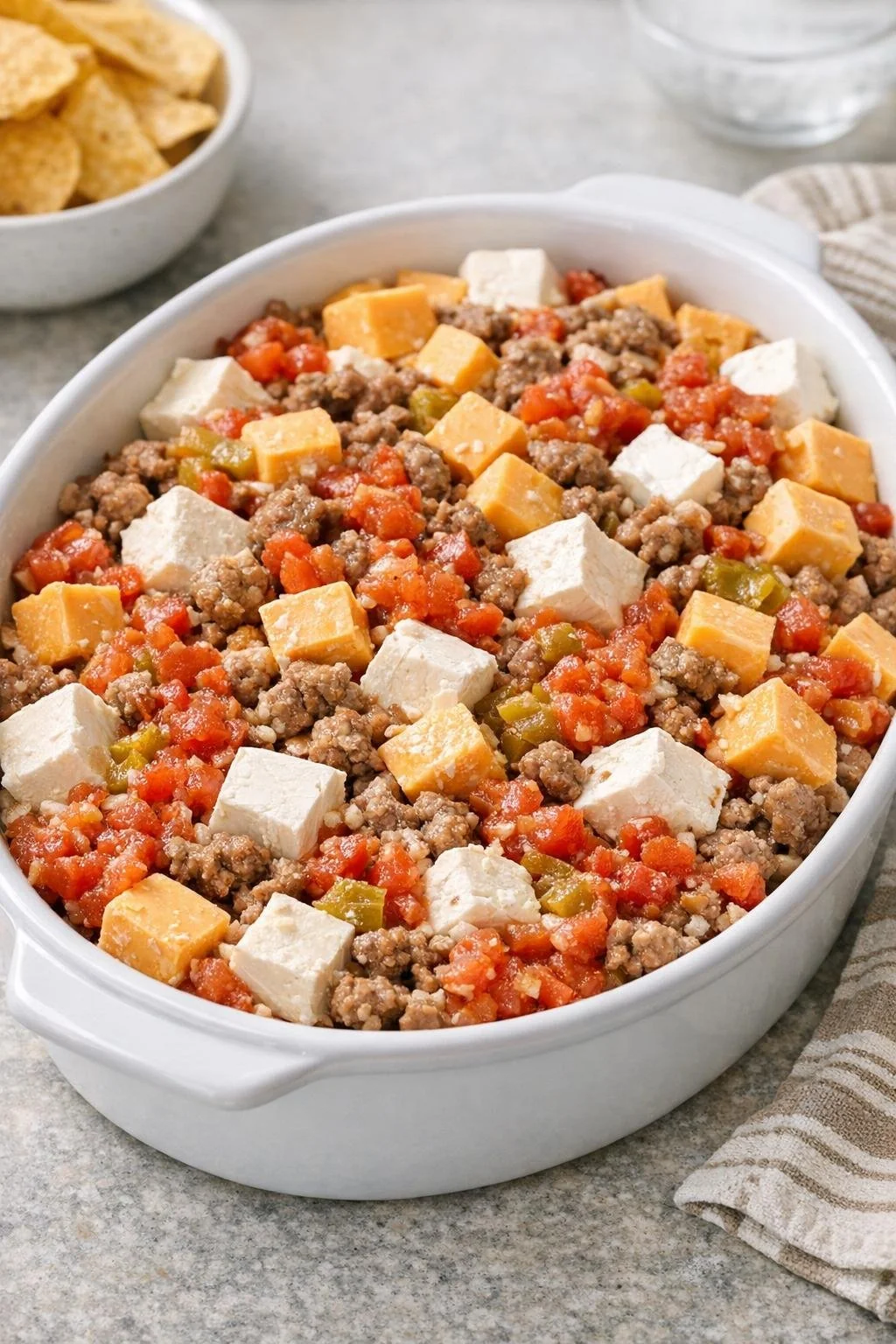 Sausage, tomatoes, and cheese in a casserole dish before baking