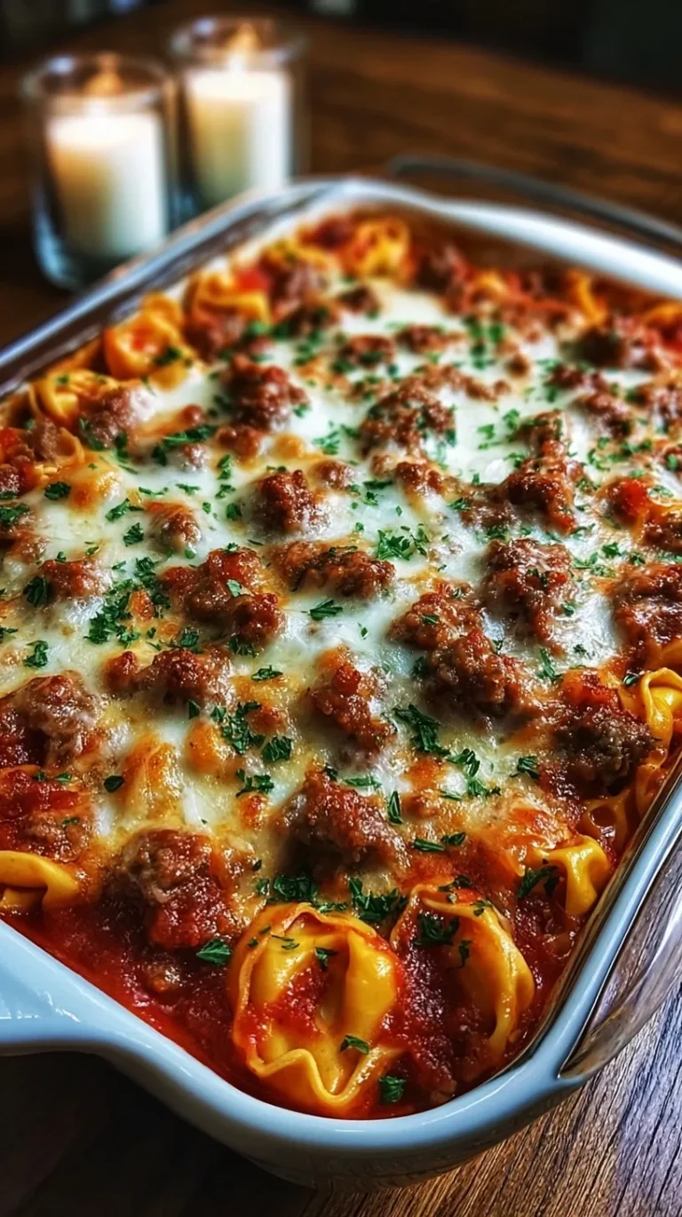 A bubbling dish of Baked Sausage Tortellini with melted mozzarella and fresh parsley.