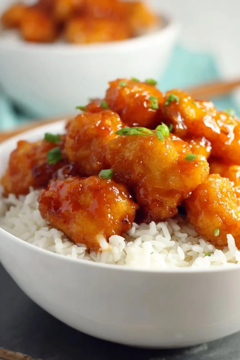 Baked Sweet and Sour Chicken served with vegetables and rice on a plate