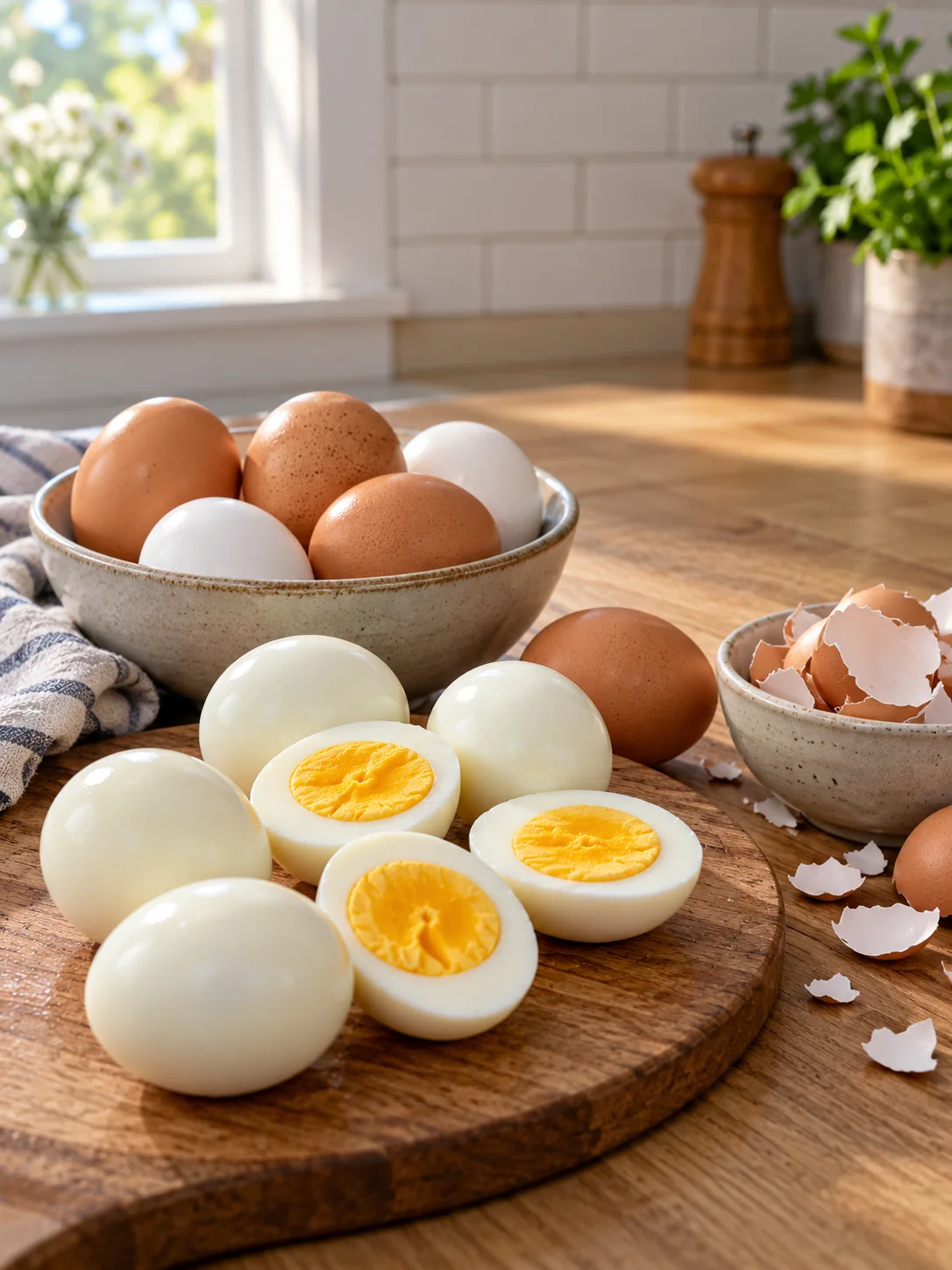 Hard-boiled eggs with peeled halves and eggshells on a kitchen table