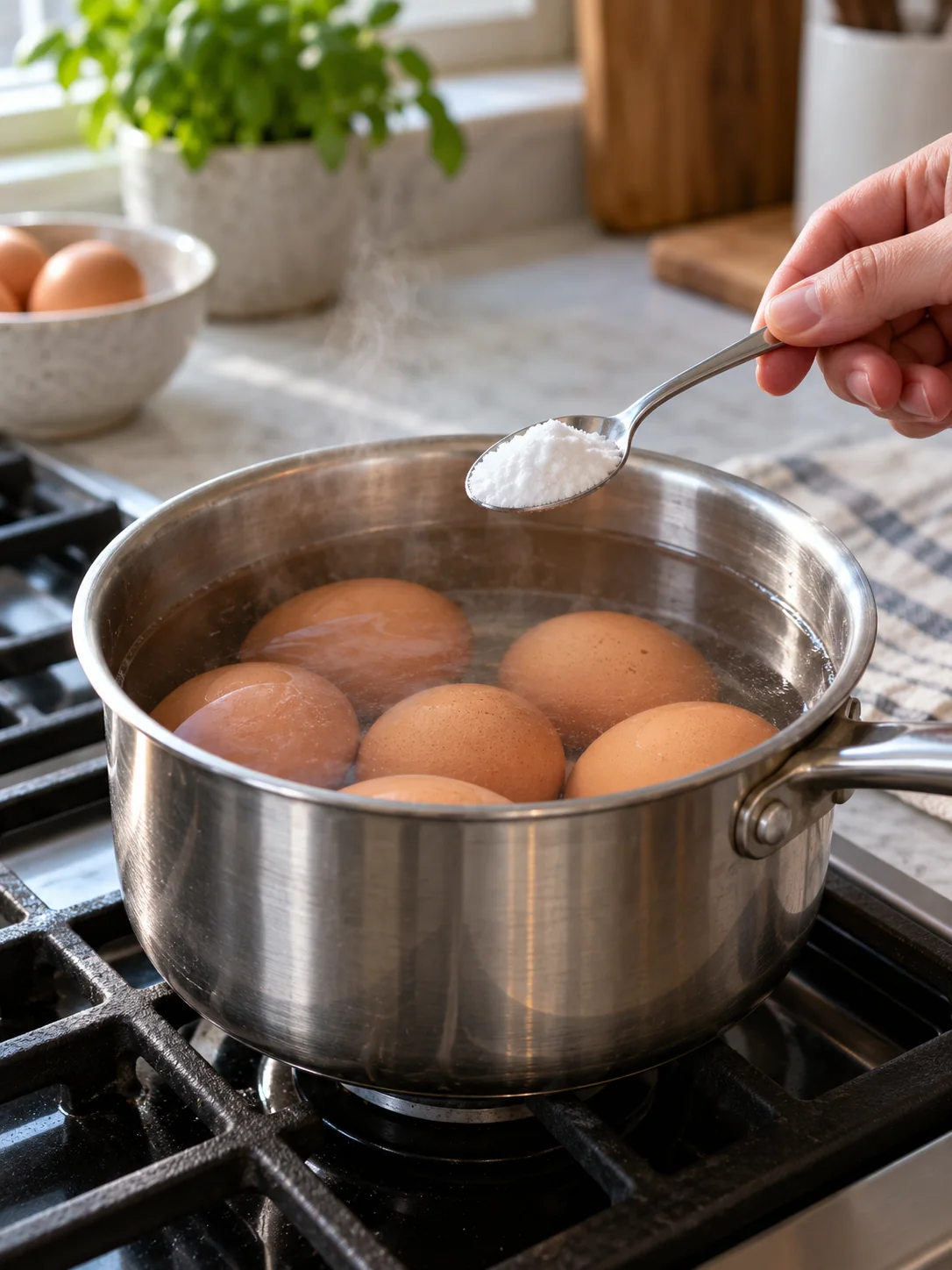 A teaspoon of baking soda held above eggs in a saucepan of water
