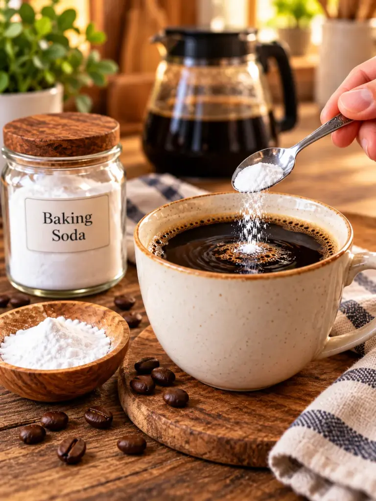 small pinch of baking soda being added to a cup of coffee