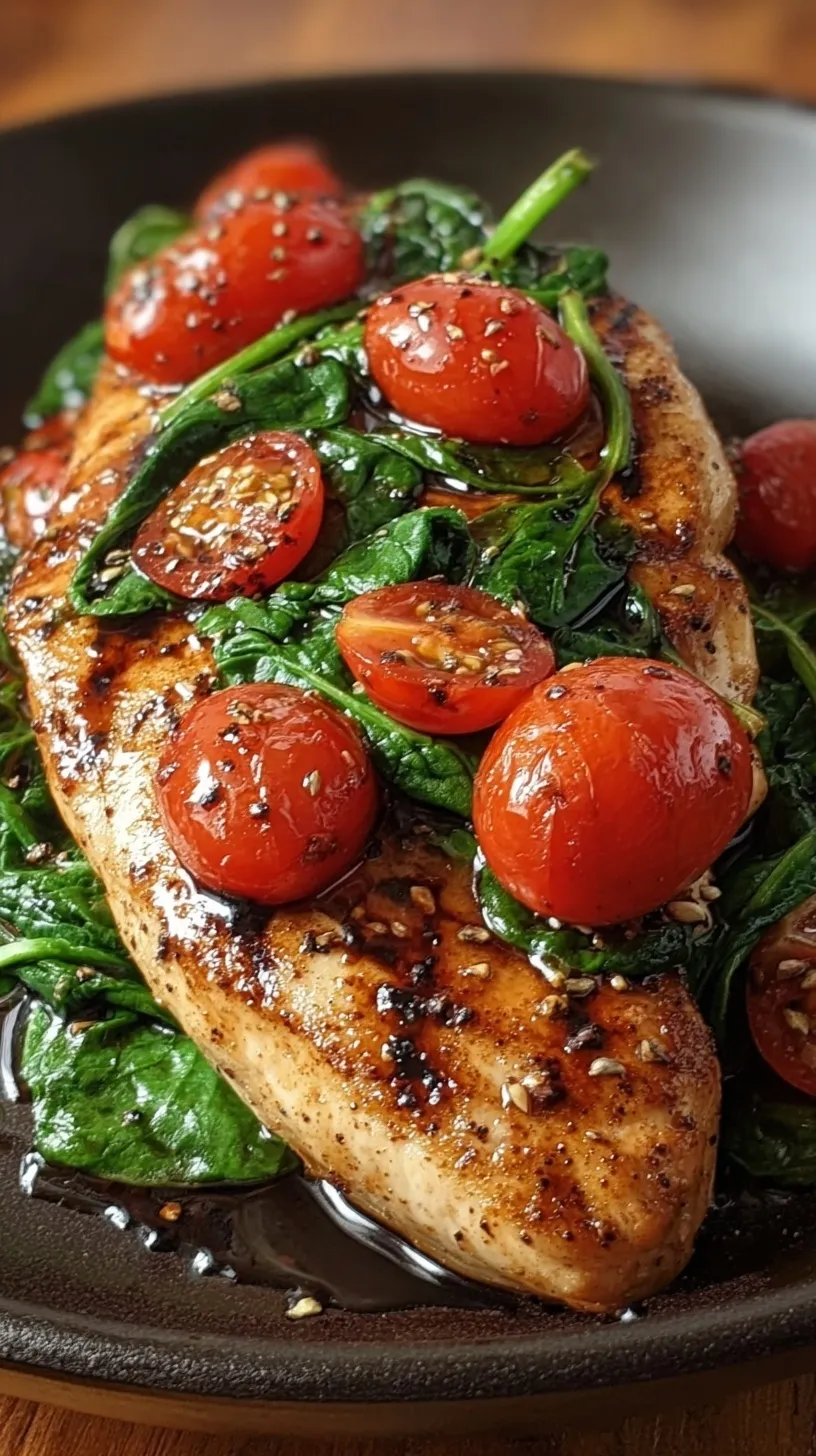 Pan-seared balsamic chicken breast topped with wilted spinach and blistered grape tomatoes in a skillet.