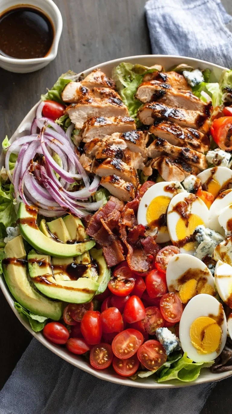 A platter of Balsamic Grilled Chicken Cobb Salad with rows of chicken, eggs, and avocado.