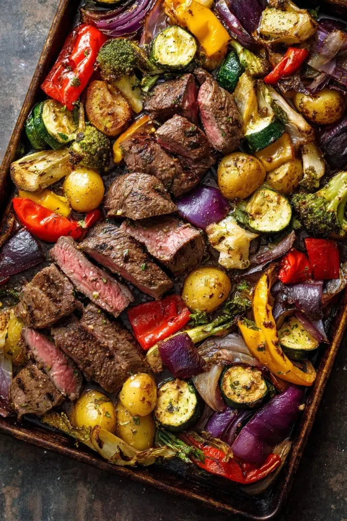 Balsamic steak with colorful veggies on a sheet pan ready to serve